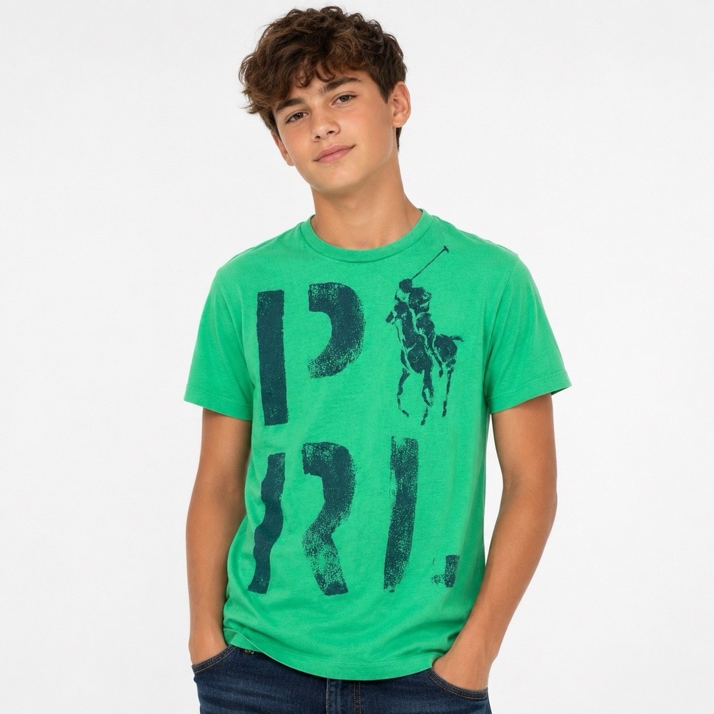 Polo Ralph Lauren Shirt Crew Neck Large 14-16 Youth Green Big Pony Logo #CC7-1‎